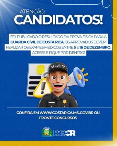 Imagem da notícia Resultado da prova física para Guarda Municipal de Costa Rica é divulgado: Veja como acessar se seu nome está na lista